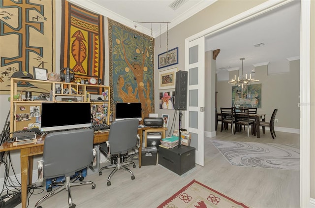 office space featuring visible vents, crown molding, and wood finished floors