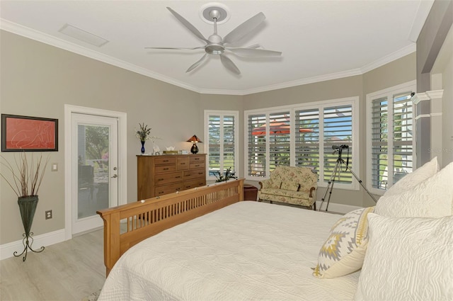 bedroom featuring access to outside, ornamental molding, wood finished floors, and baseboards