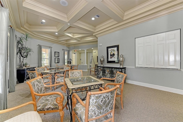 dining room with baseboards, coffered ceiling, beamed ceiling, carpet, and crown molding