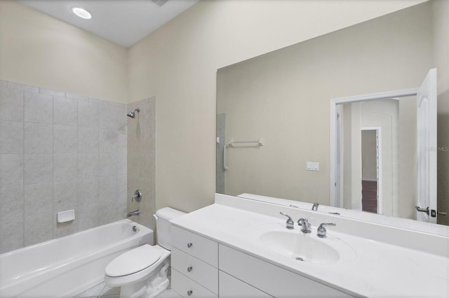 full bathroom with toilet, tub / shower combination, and vanity