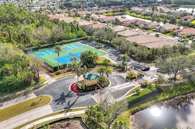 aerial view featuring a water view and a residential view