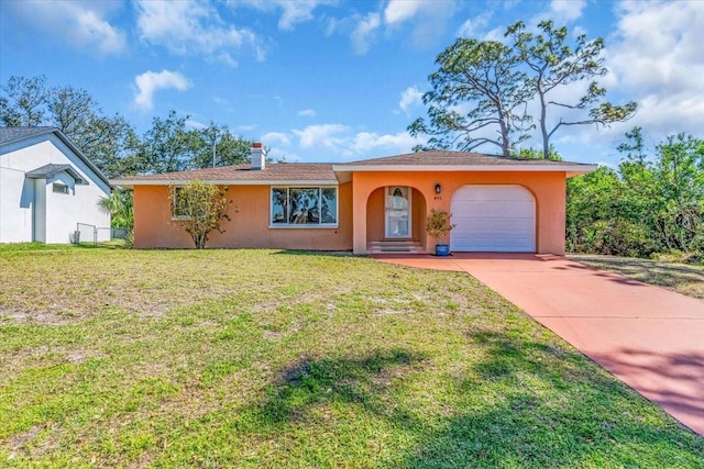 single story home with concrete driveway, an attached garage, a front lawn, and stucco siding