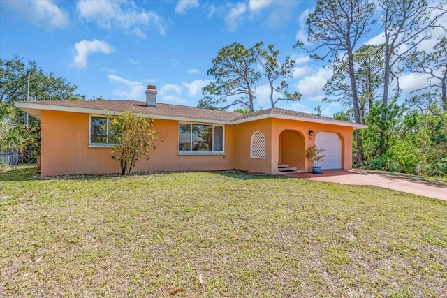 ranch-style house with a garage, driveway, stucco siding, a front lawn, and a chimney