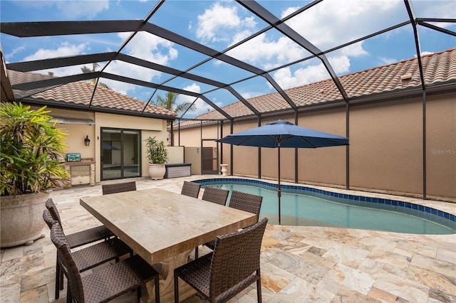 view of pool featuring a fenced in pool, outdoor dining area, glass enclosure, and a patio