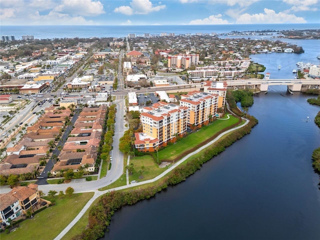 drone / aerial view with a water view and a city view