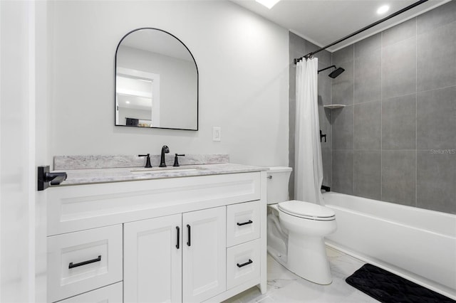 full bathroom featuring marble finish floor, vanity, toilet, and shower / bathtub combination with curtain