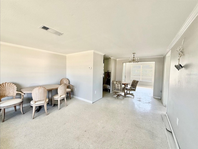 sitting room featuring visible vents, a textured ceiling, a chandelier, baseboards, and speckled floor