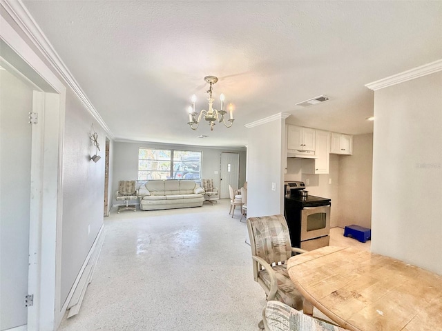 kitchen featuring crown molding, a notable chandelier, visible vents, electric range, and white cabinets