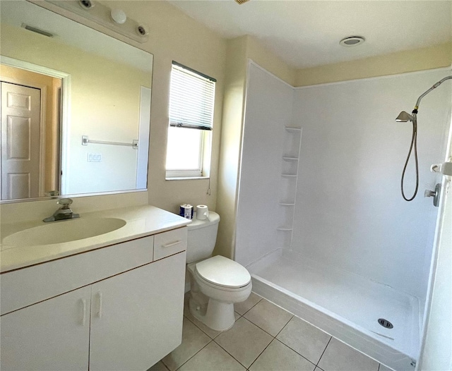 bathroom with visible vents, toilet, tile patterned flooring, walk in shower, and vanity