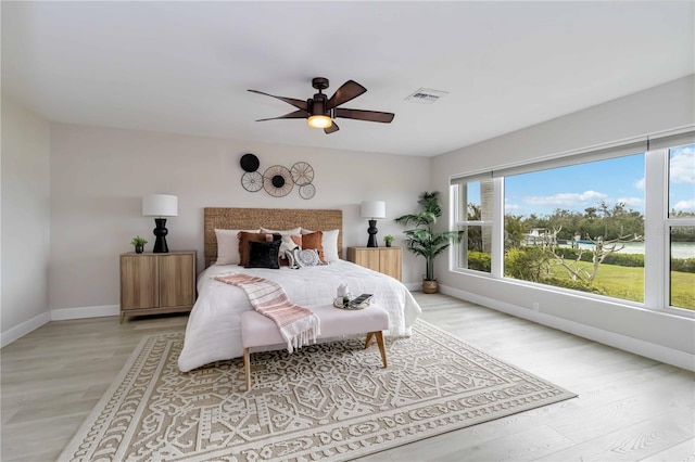 bedroom featuring baseboards, visible vents, and light wood-type flooring