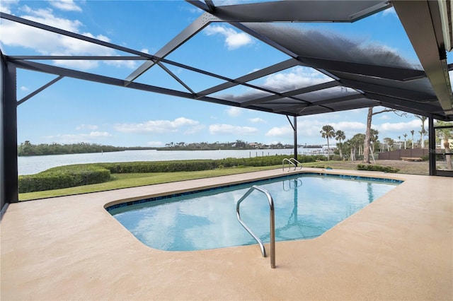 outdoor pool with a lanai, a patio, and a water view