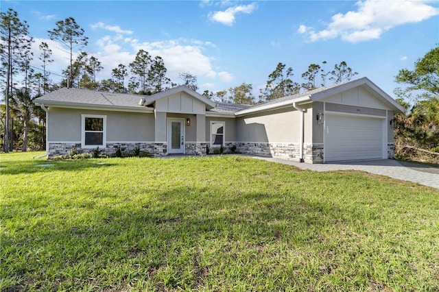 ranch-style home with stucco siding, a front lawn, decorative driveway, stone siding, and a garage