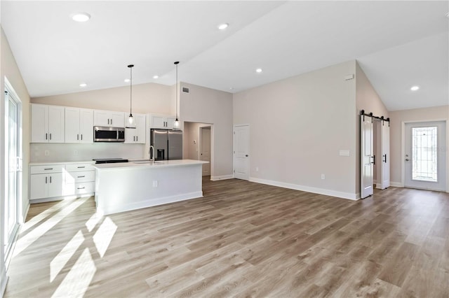 kitchen featuring an island with sink, a sink, stainless steel appliances, white cabinetry, and a barn door