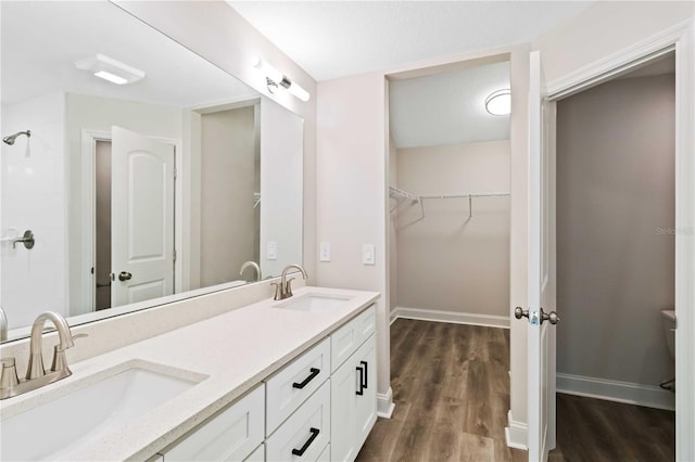 bathroom featuring a sink, baseboards, wood finished floors, and a spacious closet