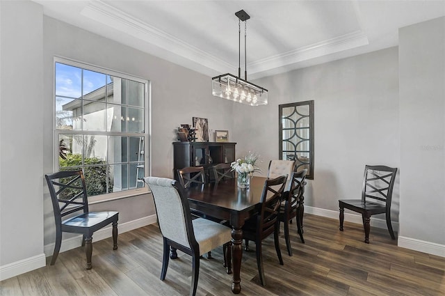 dining room with baseboards, a raised ceiling, and dark wood-style flooring