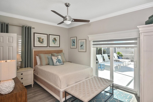 bedroom featuring access to exterior, crown molding, a ceiling fan, and wood finished floors