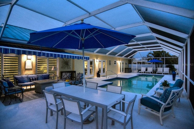 view of swimming pool featuring an outdoor living space, a fenced in pool, french doors, outdoor dining area, and a patio