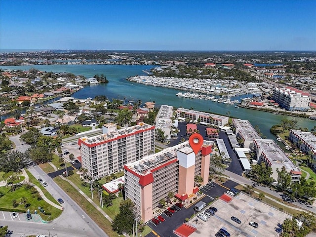 aerial view with a view of city and a water view