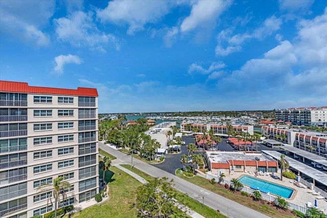 bird's eye view with a city view