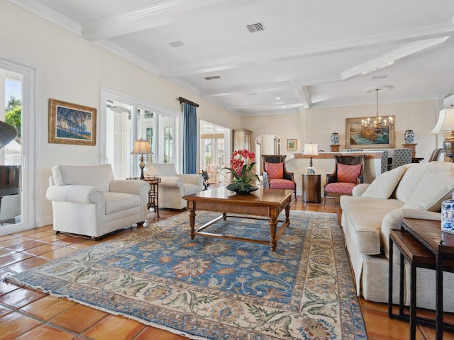 living room with coffered ceiling, beam ceiling, a chandelier, and visible vents