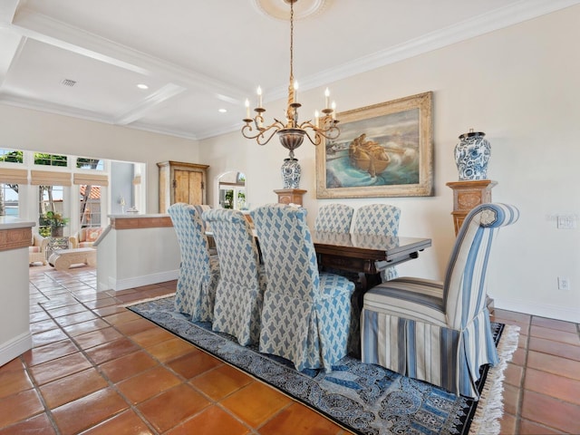 dining room with ornamental molding, a chandelier, coffered ceiling, baseboards, and beam ceiling