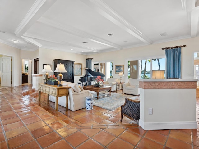 living area featuring ornamental molding, beamed ceiling, and a healthy amount of sunlight
