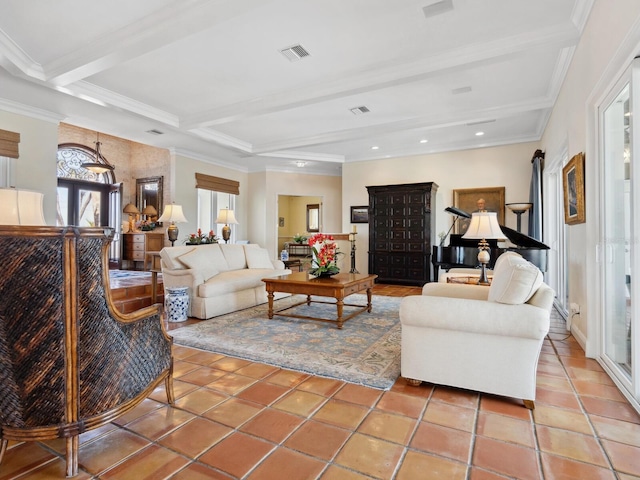 living area with visible vents, crown molding, and beam ceiling