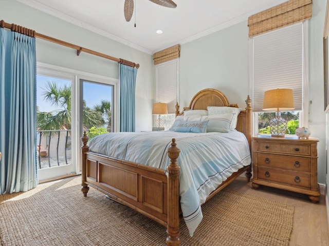 bedroom featuring access to outside, ceiling fan, ornamental molding, recessed lighting, and wood finished floors
