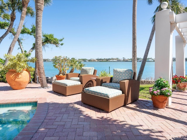 view of patio / terrace featuring a water view