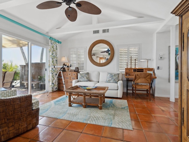 living area with tile patterned floors, visible vents, lofted ceiling with beams, and ceiling fan