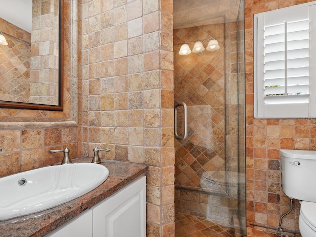 bathroom featuring toilet, tile walls, a stall shower, and vanity