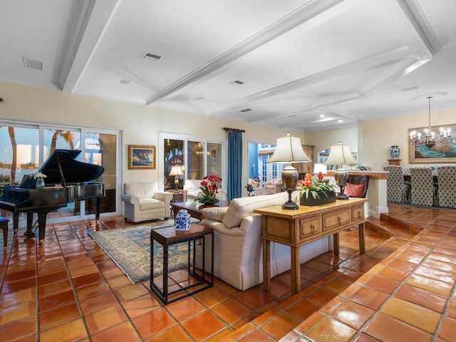 living room with a healthy amount of sunlight, beam ceiling, and visible vents