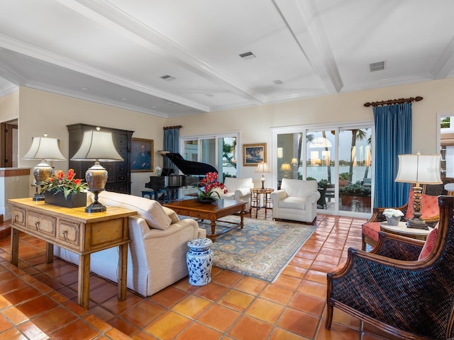 living area featuring ornamental molding, visible vents, tile patterned floors, and beamed ceiling