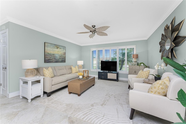 living area featuring ceiling fan, baseboards, and ornamental molding