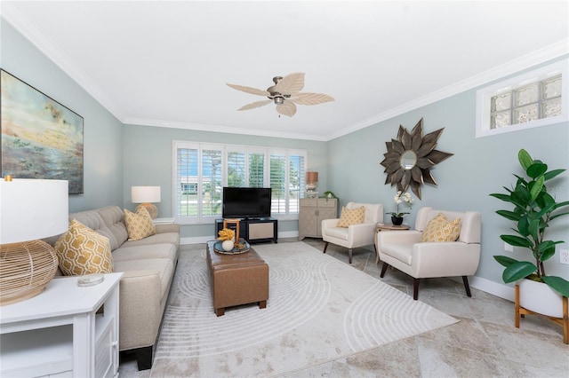 living room featuring crown molding, baseboards, and ceiling fan