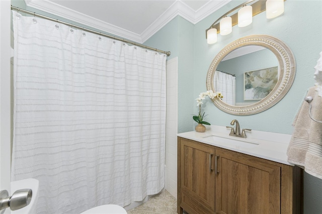 full bath with vanity, crown molding, curtained shower, and toilet