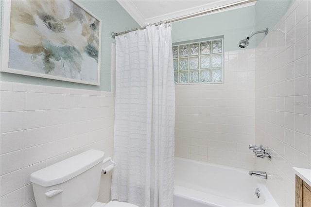 bathroom with vanity, ornamental molding, shower / bath combination with curtain, tile walls, and toilet