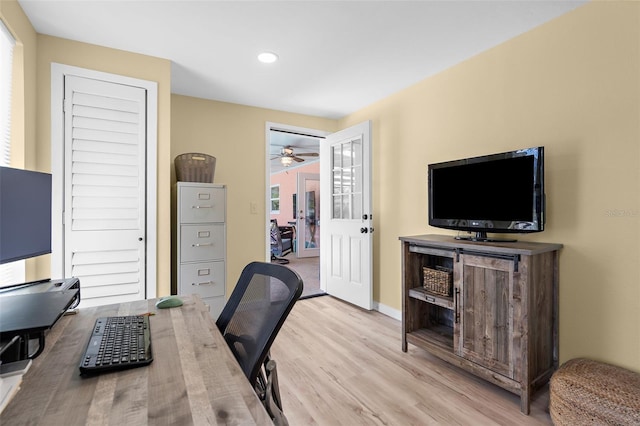 201 Cavallini Dr, Nokomis, FL 34275 - office area featuring recessed lighting, baseboards, ceiling fan, and wood finished floors