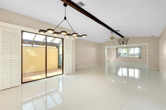 spare room with visible vents, ceiling fan, baseboards, lofted ceiling with beams, and tile patterned floors