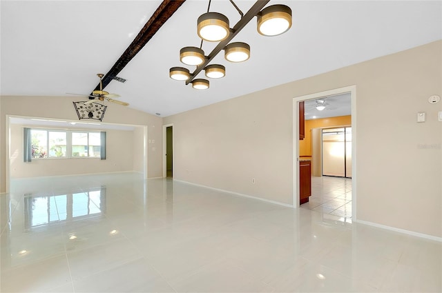 spare room with lofted ceiling with beams, baseboards, and ceiling fan with notable chandelier