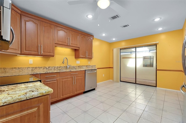 kitchen with visible vents, ceiling fan, light stone countertops, recessed lighting, and stainless steel dishwasher