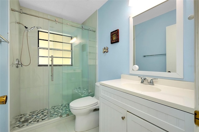 full bathroom featuring vanity, a shower stall, and toilet