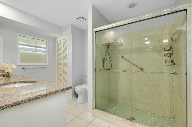 full bath with vanity, a shower stall, toilet, and tile patterned floors