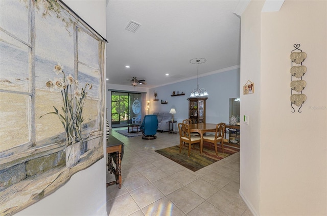 foyer entrance featuring light tile patterned floors, visible vents, recessed lighting, ornamental molding, and ceiling fan with notable chandelier