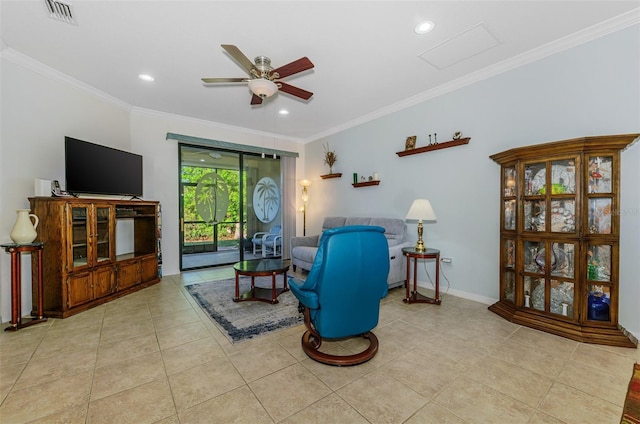 tiled living area featuring baseboards, visible vents, recessed lighting, ceiling fan, and crown molding