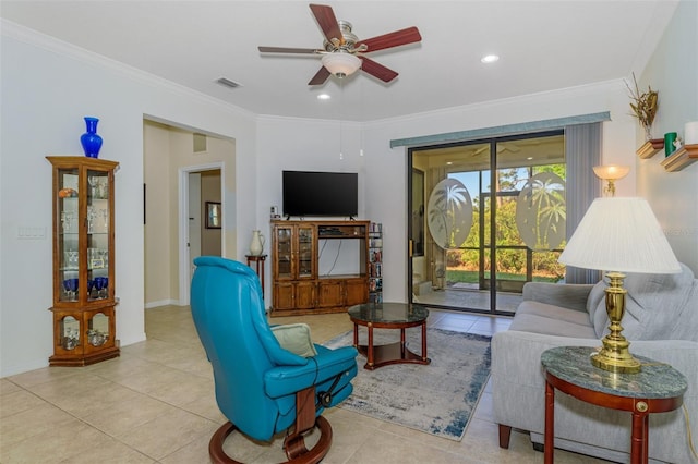 tiled living area featuring visible vents, recessed lighting, crown molding, baseboards, and ceiling fan