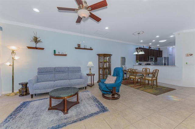 living room with recessed lighting, crown molding, light tile patterned floors, baseboards, and ceiling fan