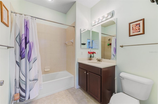 bathroom with vanity, toilet, shower / tub combo with curtain, and tile patterned flooring