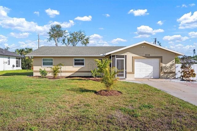 ranch-style home featuring stucco siding, an attached garage, concrete driveway, and a front yard