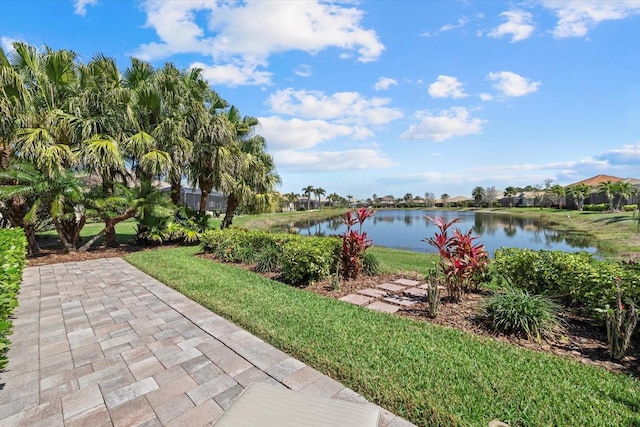 view of patio featuring a water view